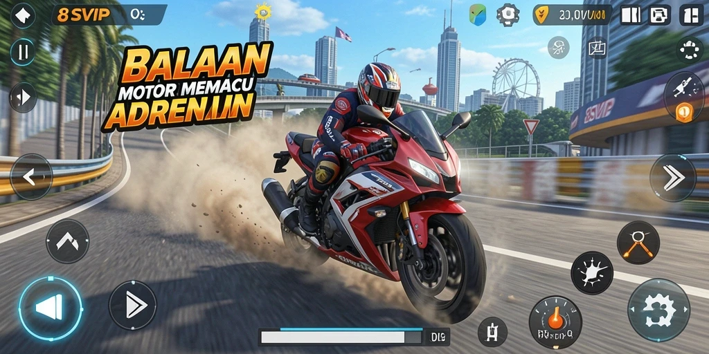 Tampilan gameplay 8SVIP dengan balapan motor yang mendebarkan.