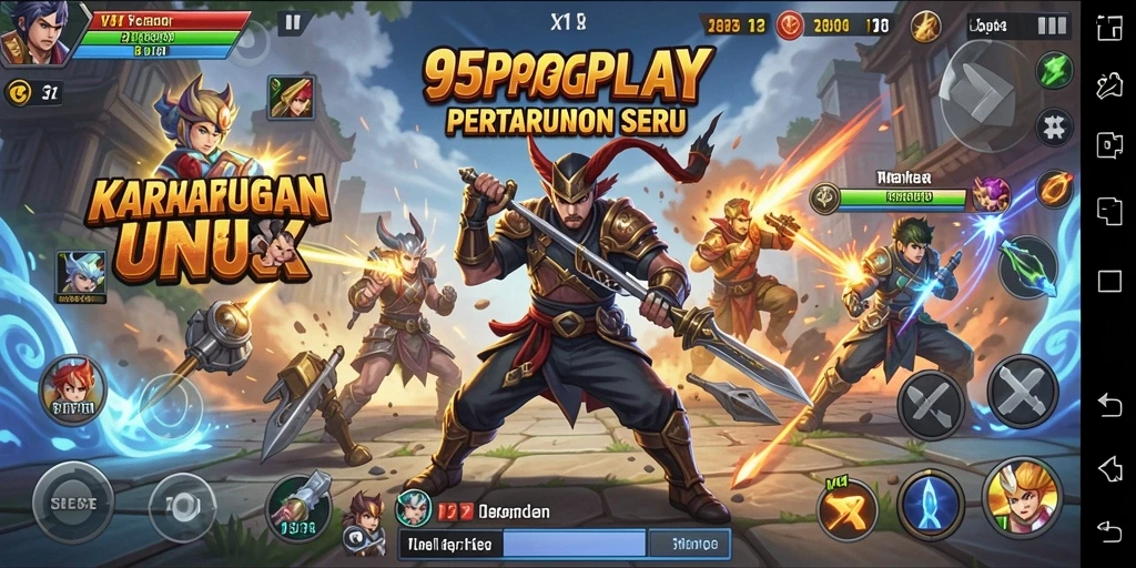 Tangkapan layar utama 95PGPLAY menampilkan karakter sedang bertarung di arena.