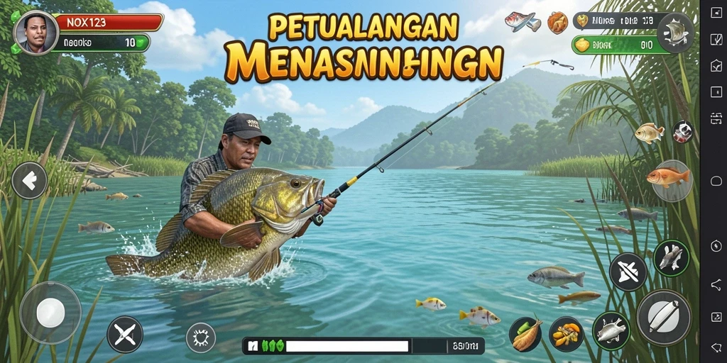 Tangkapan layar gameplay NOX123 menampilkan pemain yang asyik memancing di danau.