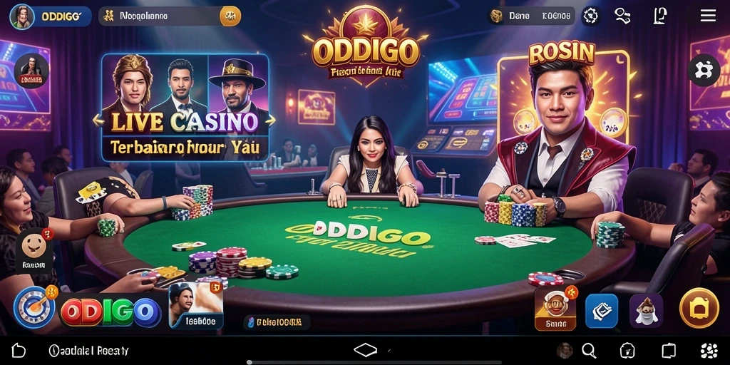 Screenshot gameplay ODDIGO menampilkan dealer langsung dan suasana kasino yang mendebarkan.