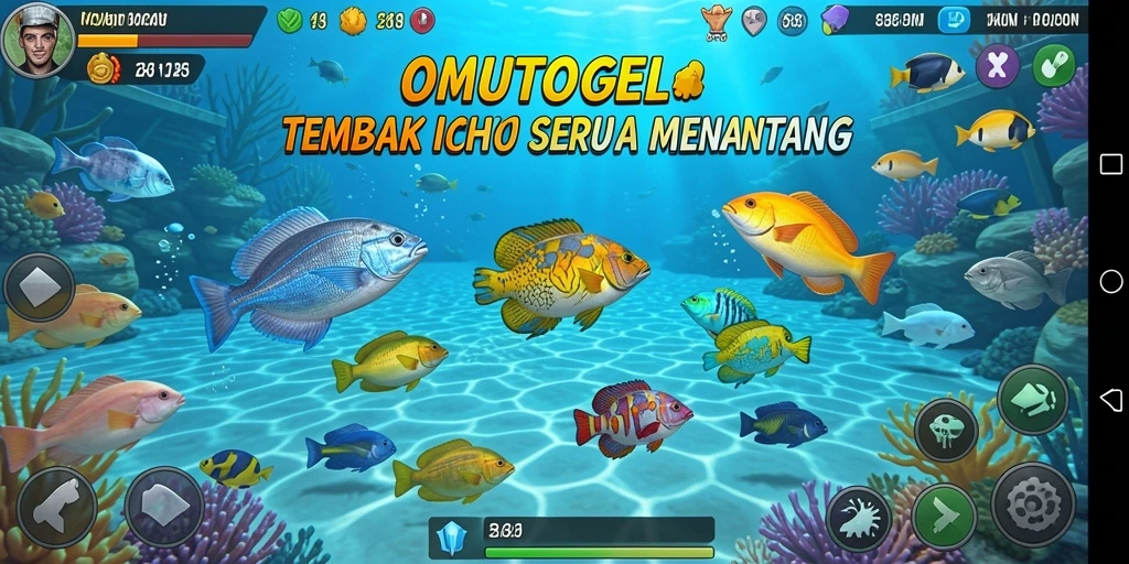 Screenshot gameplay OMUTOGEL dengan aksi menembak ikan.